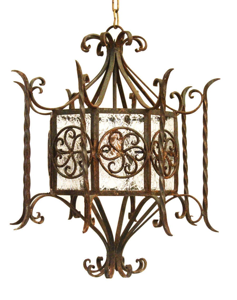 1800s French Antique Hand Wrought Iron Hanging Lantern Light