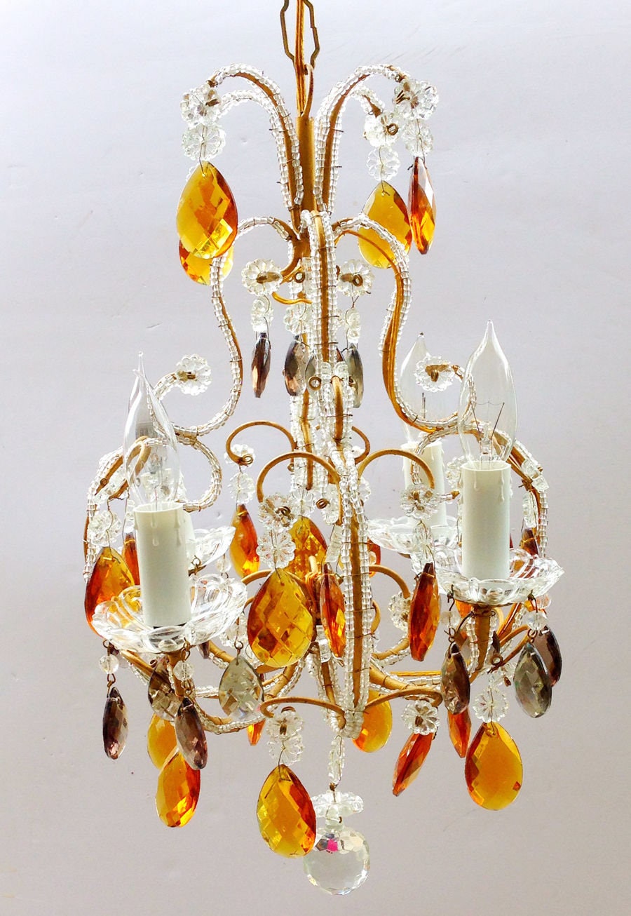 ANTIQUE Gold and Silver Prisms Macaroni Beaded Italian CHANDELIER Gorgeous Vintage