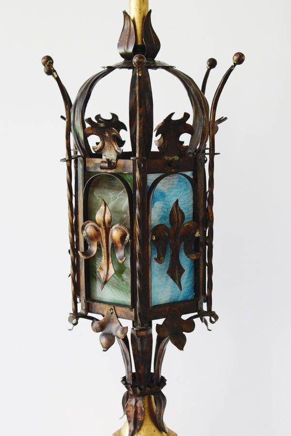 Antique Italian Tole Crown Table Lamp w/Stained Glass Vintage Gilt Metal