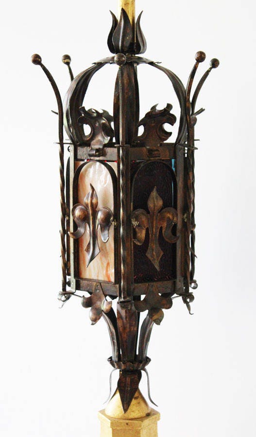Antique Italian Tole Crown Table Lamp w/Stained Glass Vintage Gilt Metal