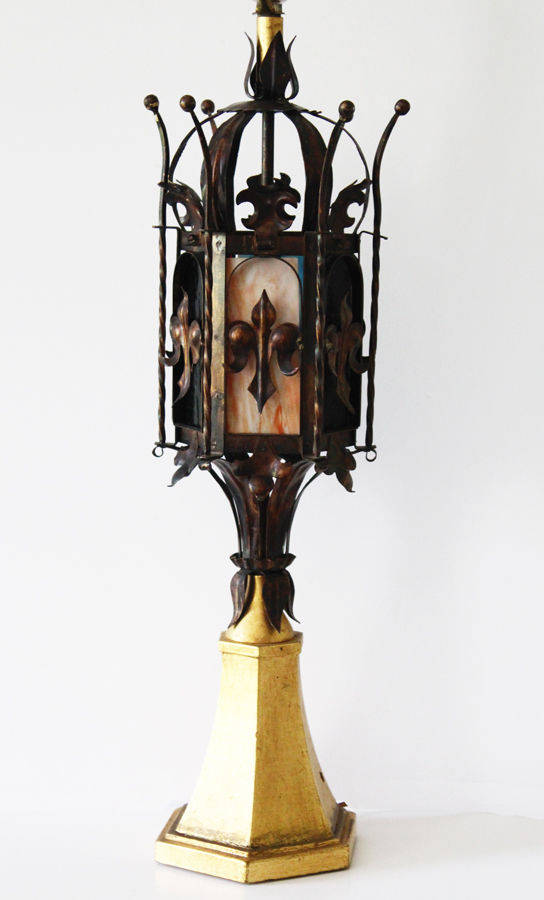 Antique Italian Tole Crown Table Lamp w/Stained Glass Vintage Gilt Metal