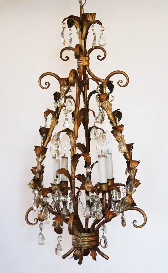 Antique Italian Tole Crystal Prisms Chandelier Rare Shape Gorgeous