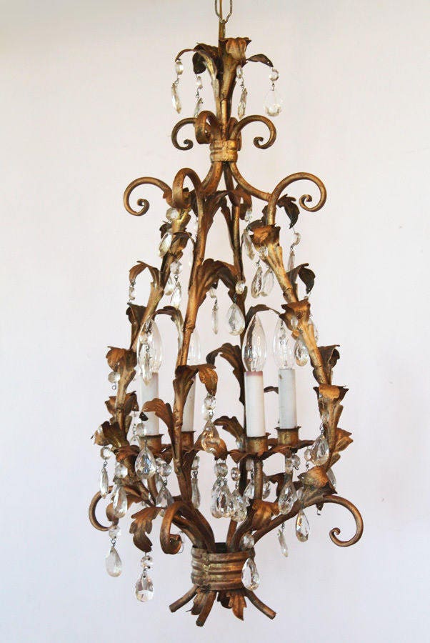 Antique Italian Tole Crystal Prisms Chandelier Rare Shape Gorgeous