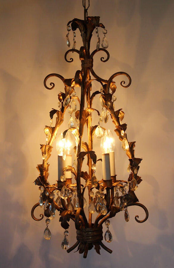 Antique Italian Tole Crystal Prisms Chandelier Rare Shape Gorgeous