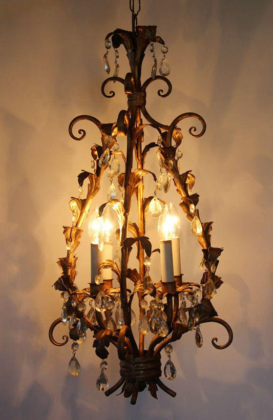 Antique Italian Tole Crystal Prisms Chandelier Rare Shape Gorgeous