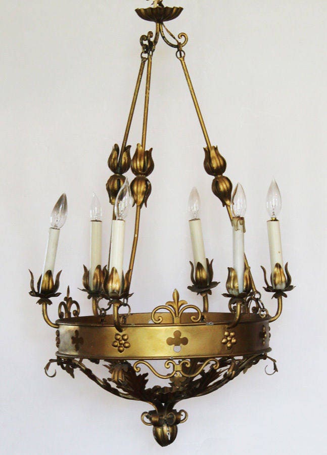 Antique Italian Tole Gilt Crown Shaped Chandelier Beautiful