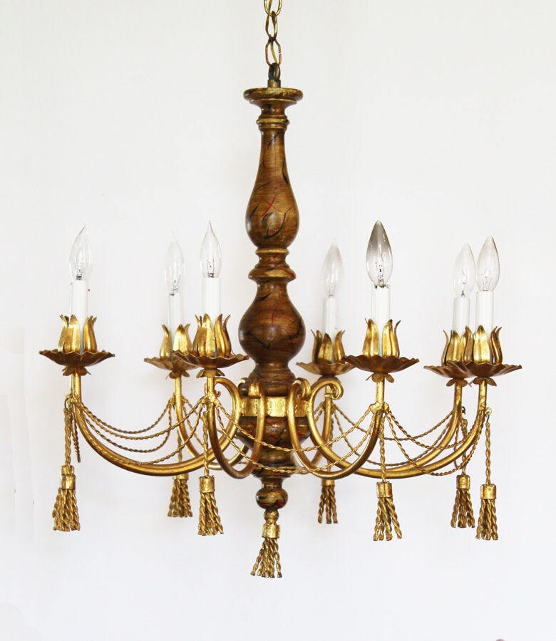 Antique Italian Tole Gilt Metal Tassles Chandelier