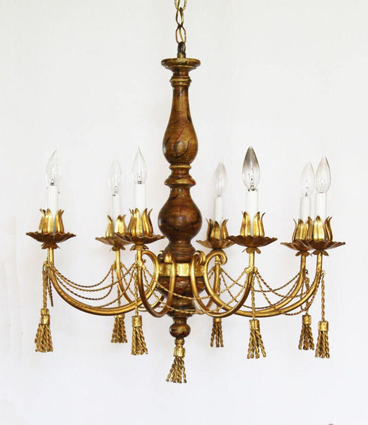Antique Italian Tole Gilt Metal Tassles Chandelier