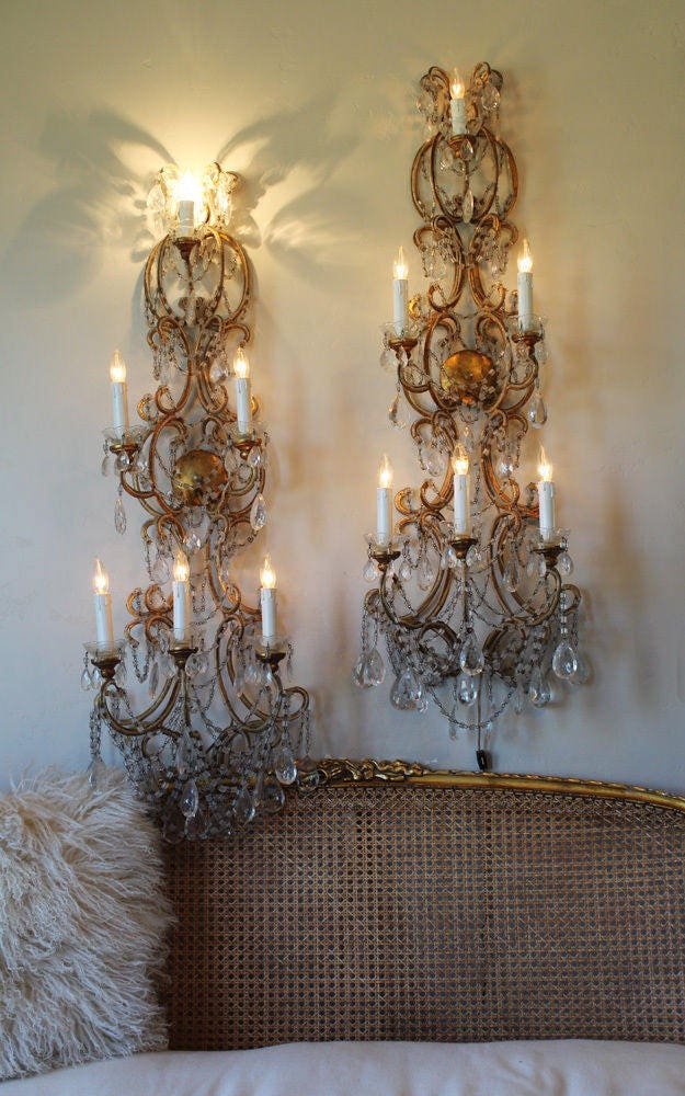 Antique Rare Pair Italian Beaded 4 Foot Wall Sconces Gorgeous