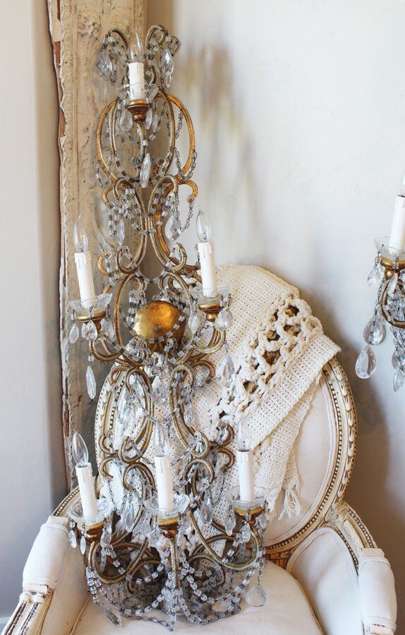 Antique Rare Pair Italian Beaded 4 Foot Wall Sconces Gorgeous