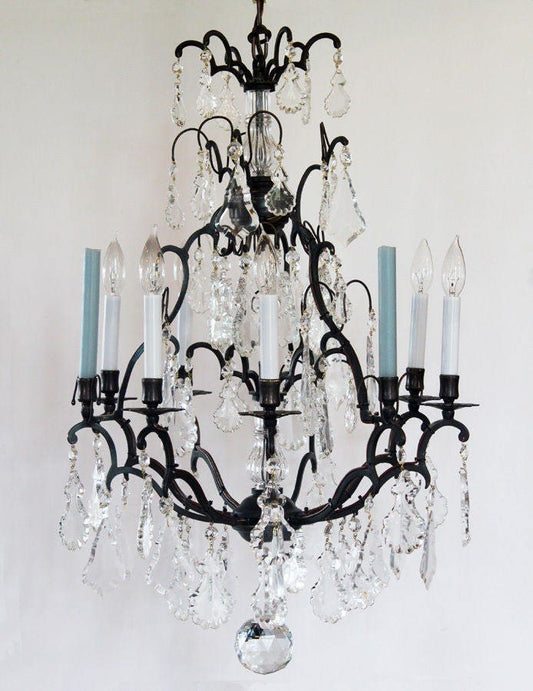 Late 1800s Incredible Antique Bronze Crystal with Spire Electric Chandelier