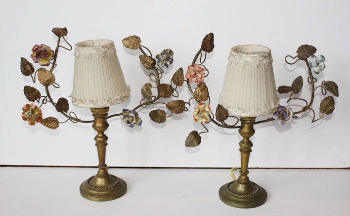 Pair French Tole Porcelain Flower Girandole Lamps Early 1900s