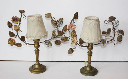 Pair French Tole Porcelain Flower Girandole Lamps Early 1900s