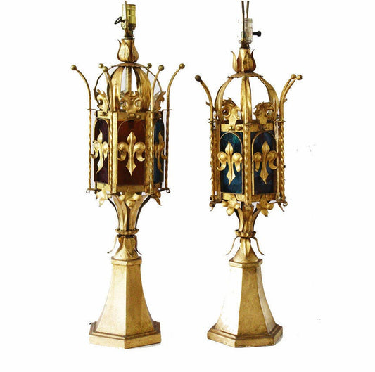 Pair Italian Tole Crown Table Lamps w/Stain Glass Antique Vintage Gilt Metal