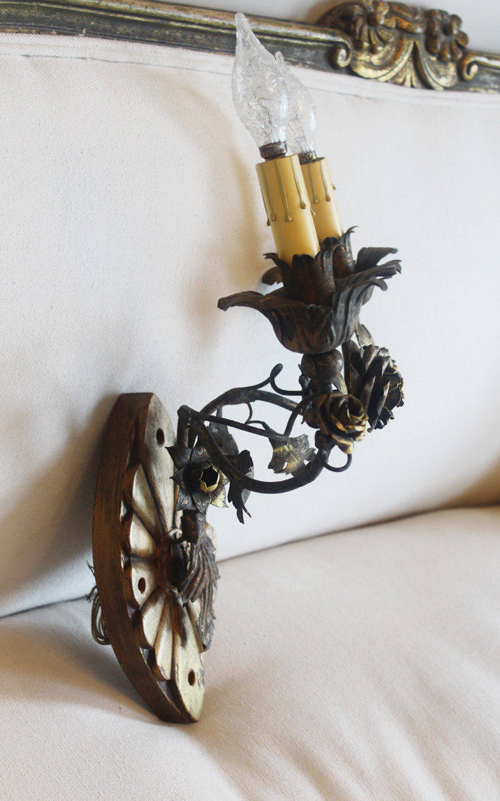 Rare Antique Italian Carved Wood and Tole Wall Sconce Pair