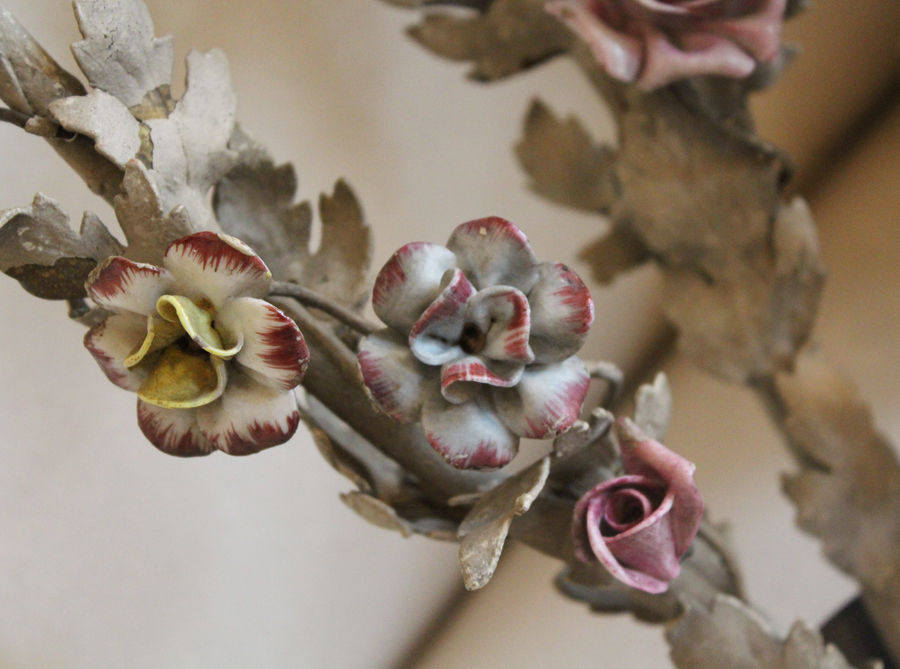 Rare French Tole Porcelain Roses and Old Grey Paint Wall Sconces