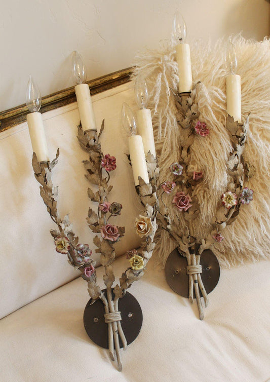 Rare French Tole Porcelain Roses and Old Grey Paint Wall Sconces