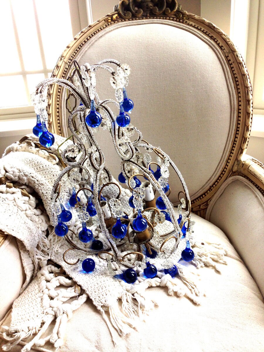 Rare Incredible Antique Italian Beaded Chandelier Blue Drops Gorgeous