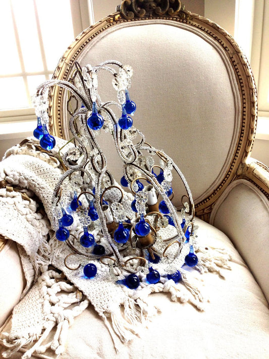 Rare Incredible Antique Italian Beaded Chandelier Blue Drops Gorgeous