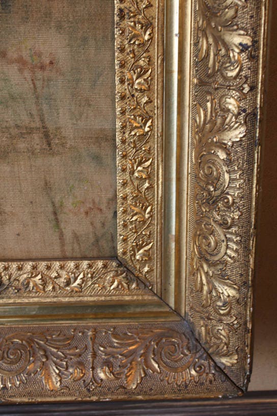Xlrg Breathtaking Late 1800s Lovers Painting Original Water Gilt Frame Antique