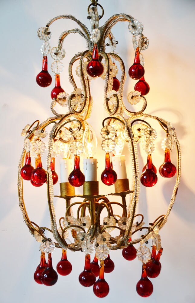 RARE ANTIQUE ITALIAN beaded chandelier red drops birdcage frame macaroni beaded