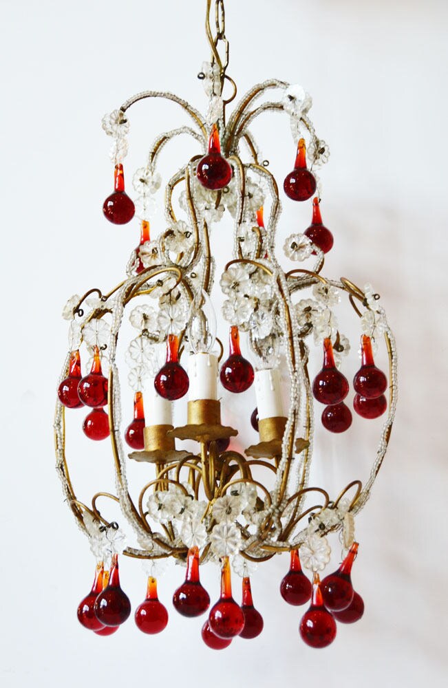 RARE ANTIQUE ITALIAN beaded chandelier red drops birdcage frame macaroni beaded