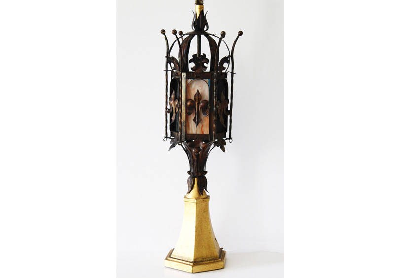 Antique Italian Tole Crown Table Lamp w/Stained Glass Vintage Gilt Metal