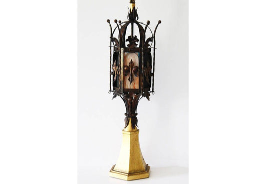 Antique Italian Tole Crown Table Lamp w/Stained Glass Vintage Gilt Metal