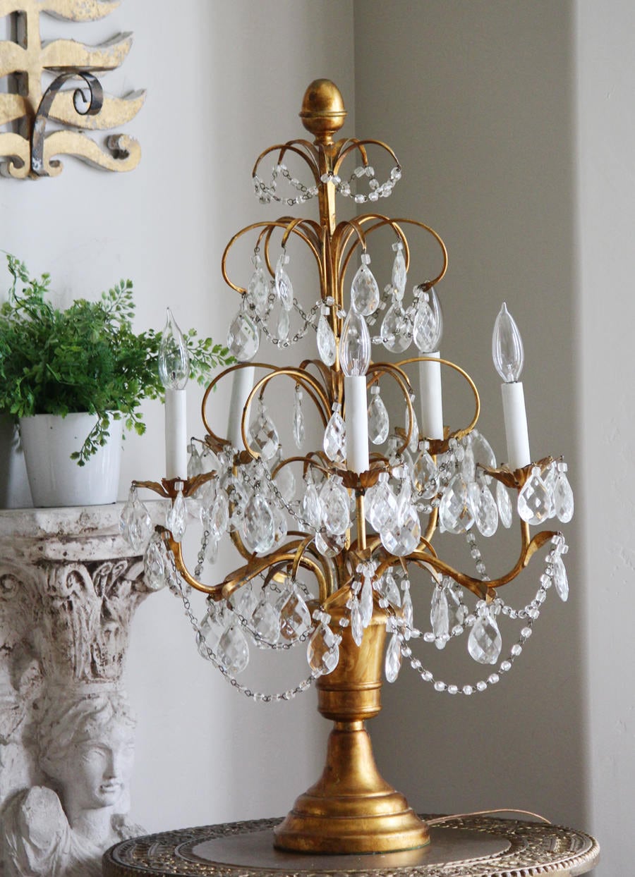 Antique XLG Italian Tole Macaroni Beaded Table Girandole Candleabra