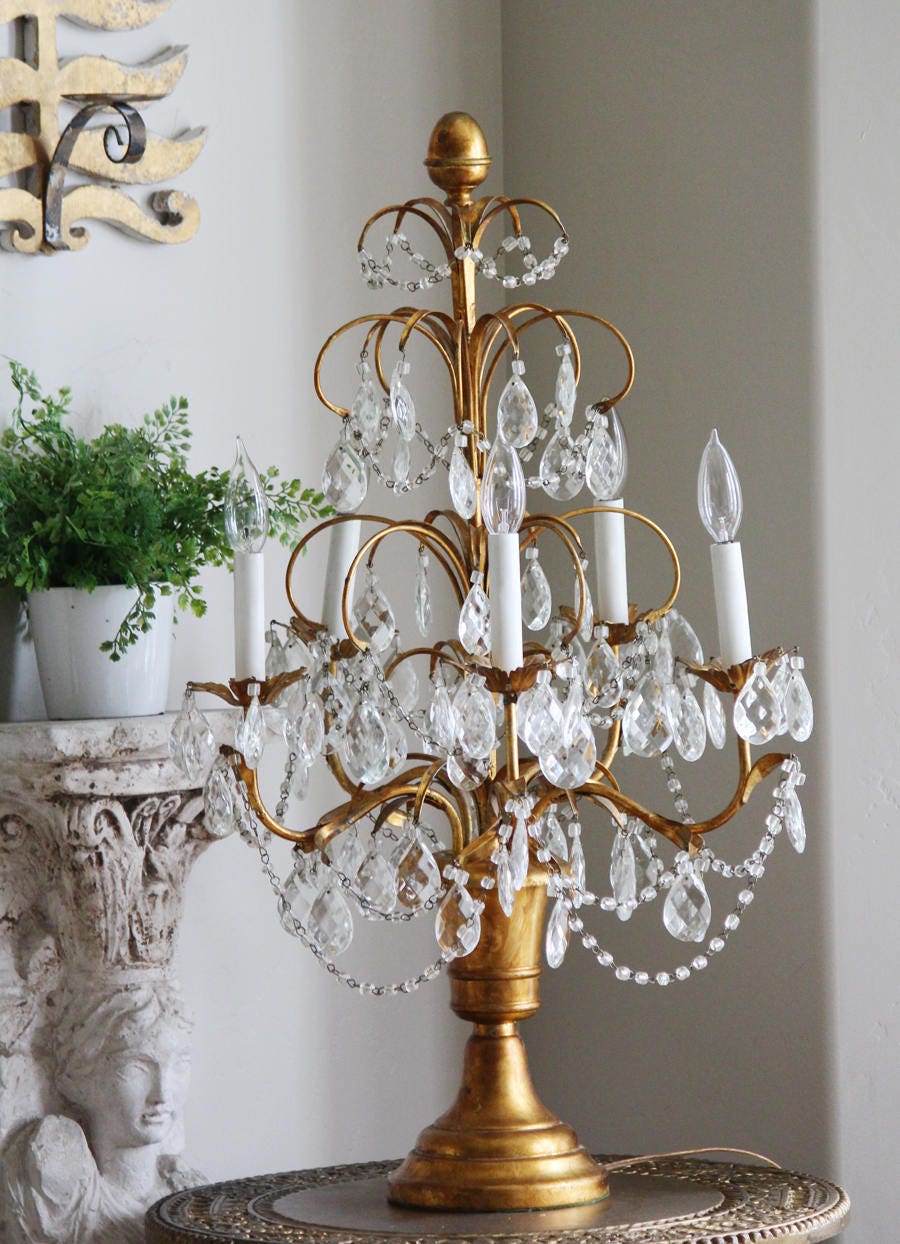 Antique XLG Italian Tole Macaroni Beaded Table Girandole Candleabra
