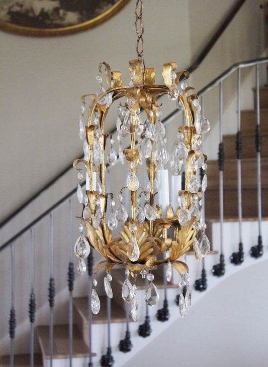 Antique Italian Tole Crystal Prisms Gilt Chandelier Birdcage Style