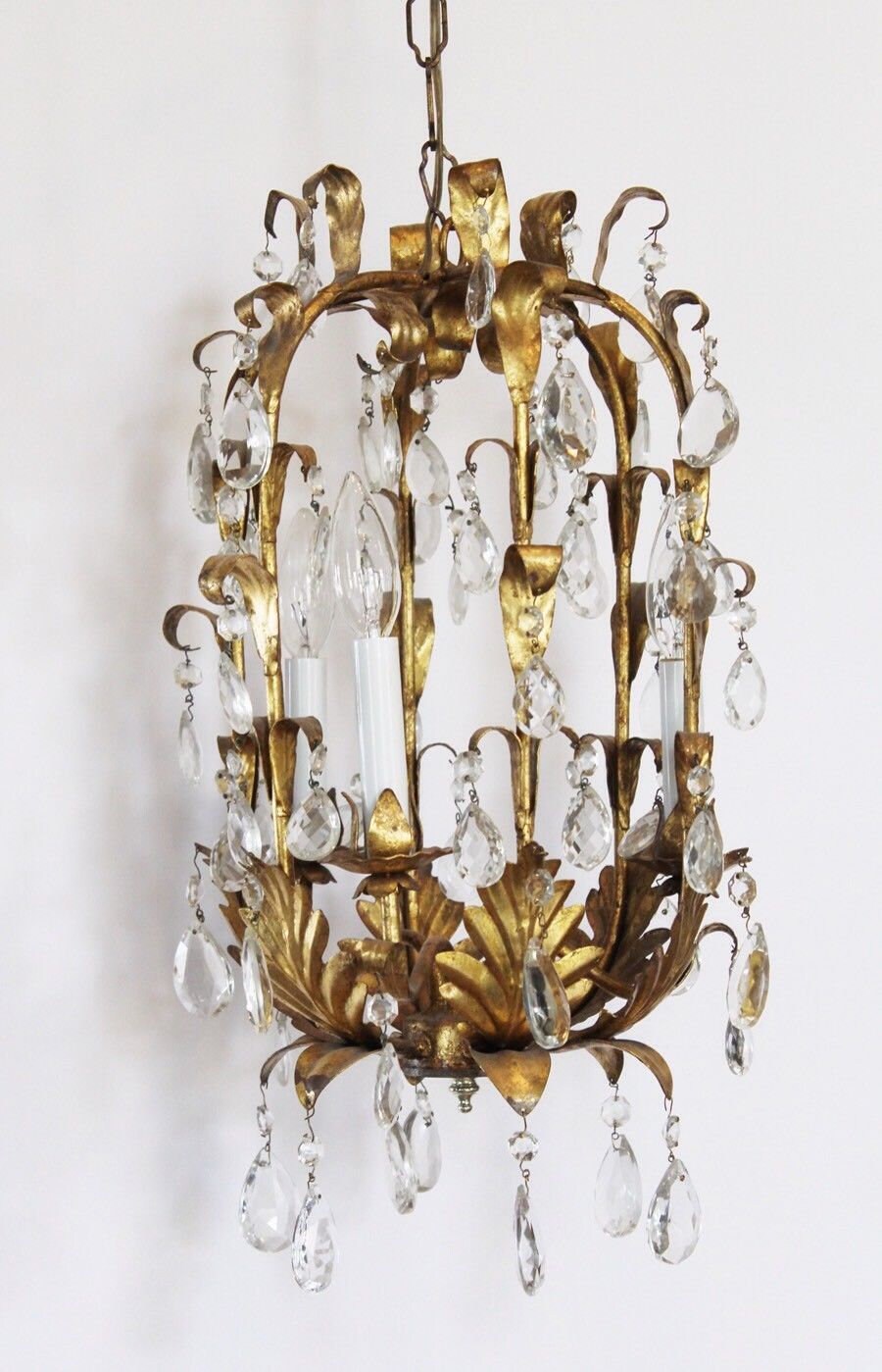 Antique Italian Tole Crystal Prisms Gilt Chandelier Birdcage Style