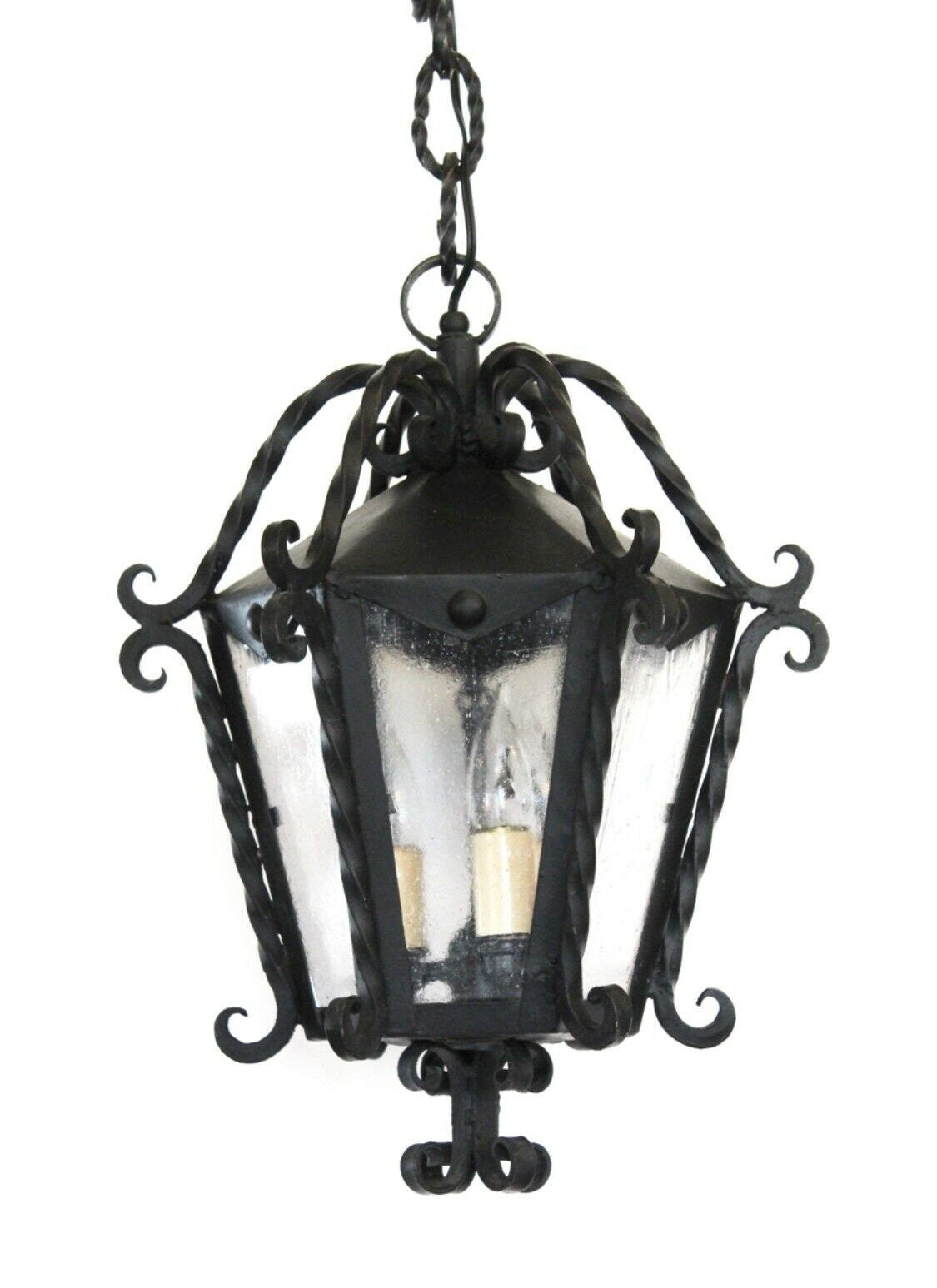 1800s French Antique Hand Wrought Iron Hanging Lantern Light Pendant Gorgeous
