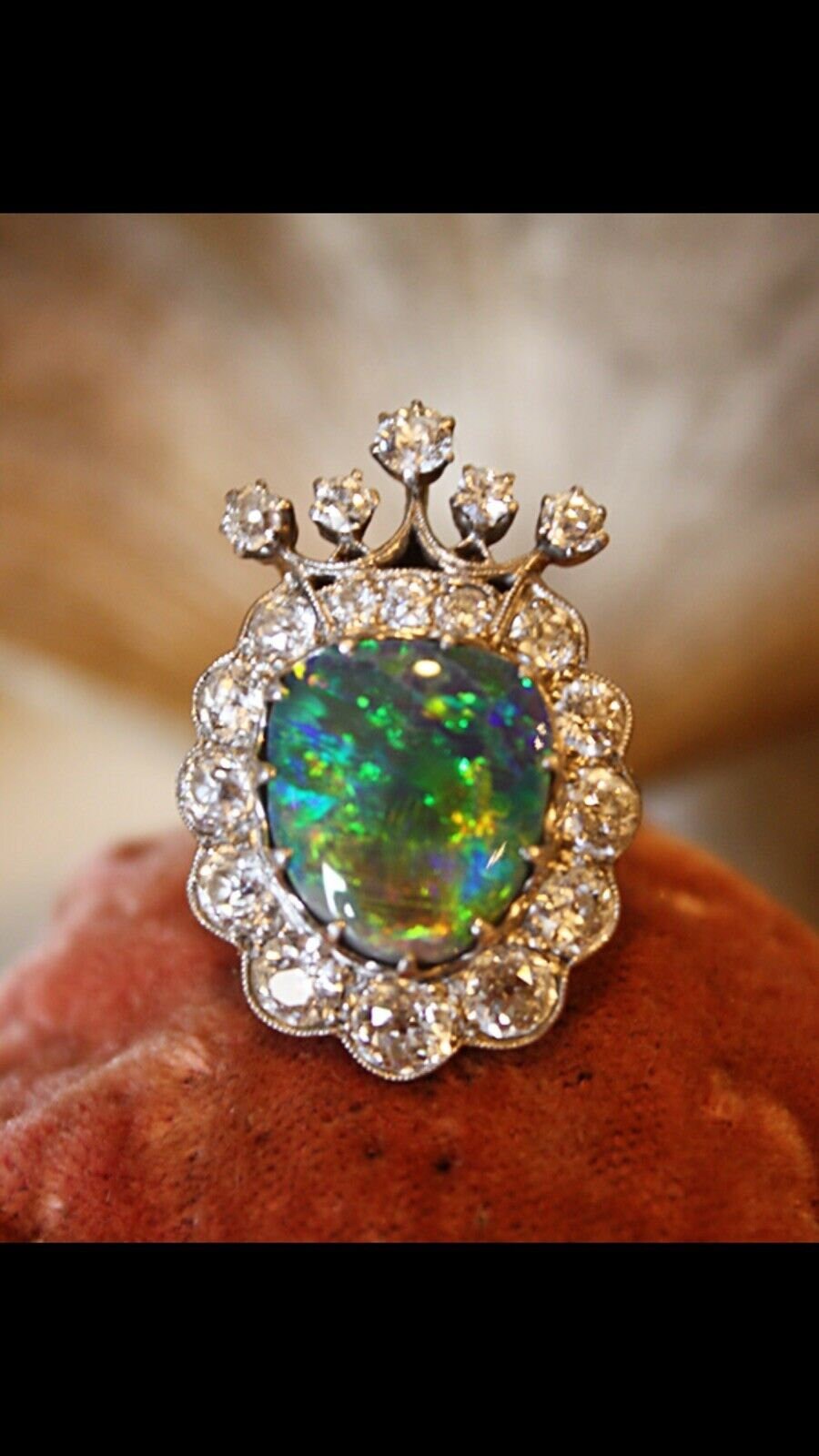 Antique Diamond and Opal Crown Ring Late 1800s 3.5 Carats Diamond