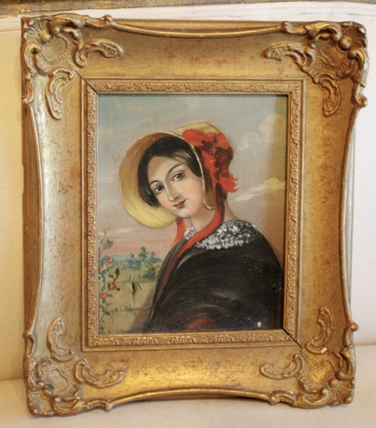 19th C Antique Italian Figural Woman Oil Painting Original Water Gilt Frame