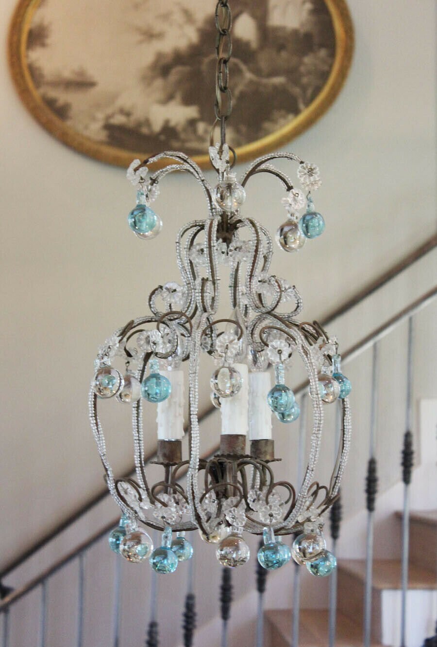 Antique Italian Rare Aqua Beaded Baubles Chandelier Gorgeous