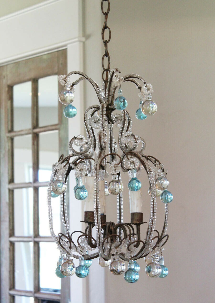 Antique Italian Rare Aqua Beaded Baubles Chandelier Gorgeous