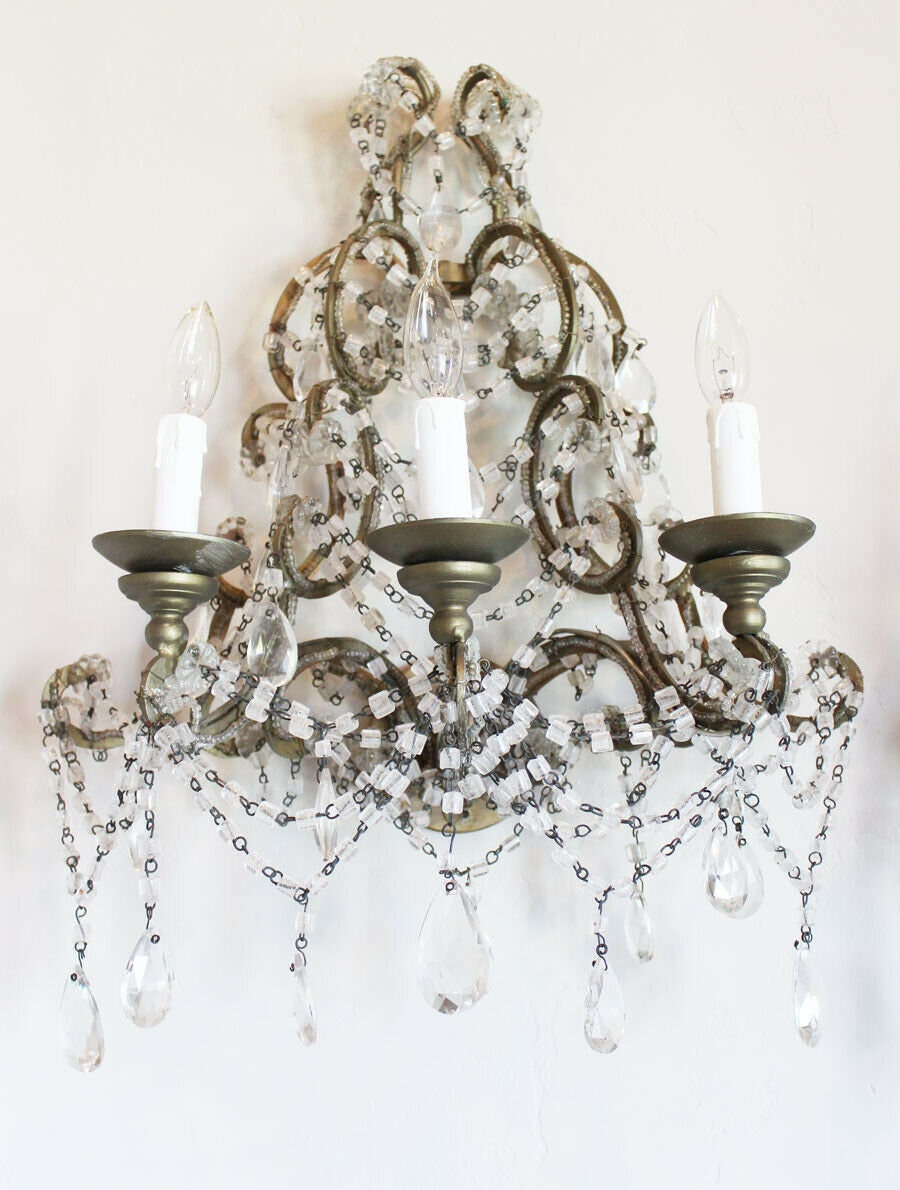 Antique Pair Italian Beaded Wall Sconces Three Arm Gorgeous!