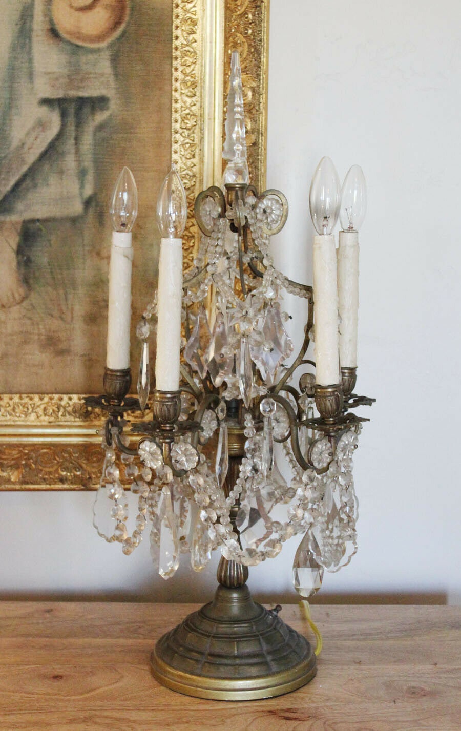Antique Stunning French Bronze Table Chandelier Girandole Rock Crystal Beading