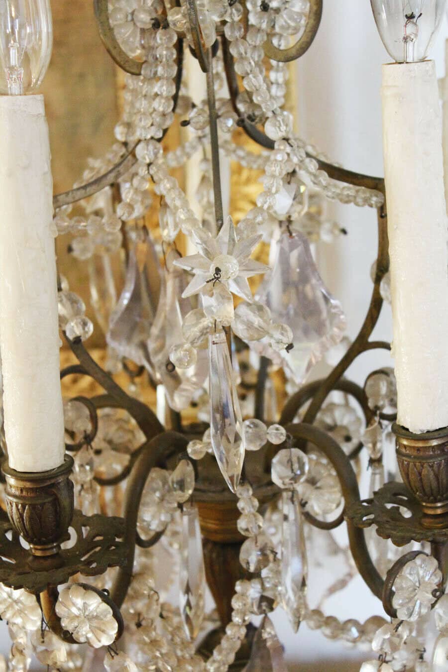 Antique Stunning French Bronze Table Chandelier Girandole Rock Crystal Beading