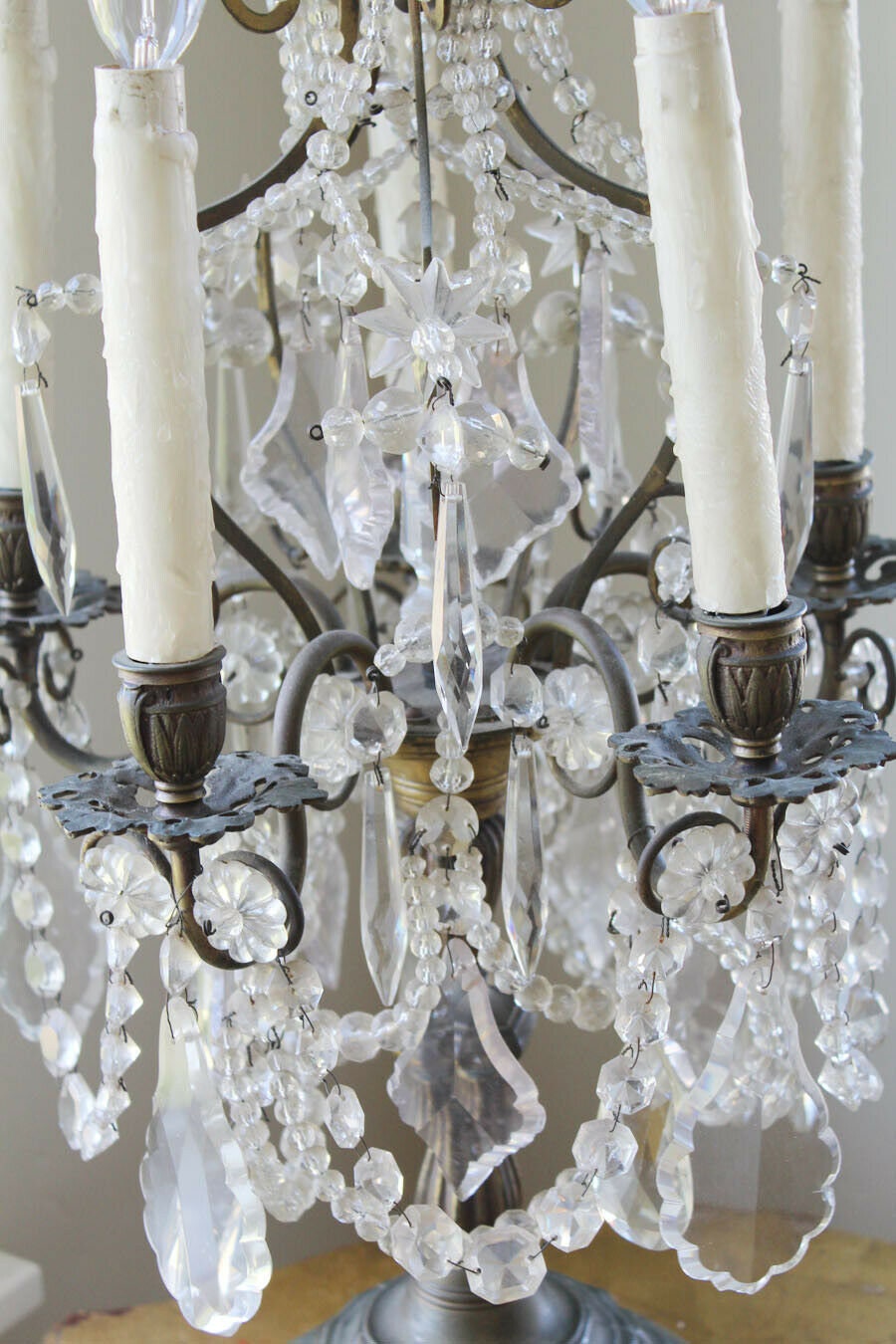 Antique Stunning French Bronze Table Chandelier Girandole Rock Crystal Beading