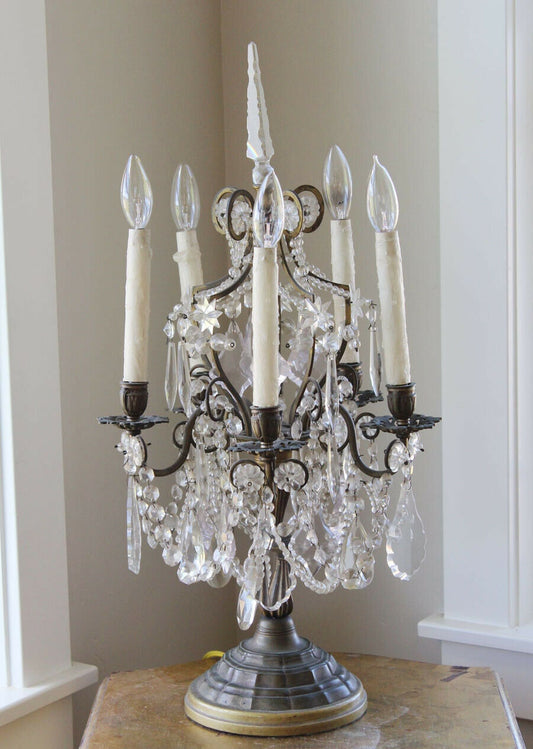 Antique Stunning French Bronze Table Chandelier Girandole Rock Crystal Beading