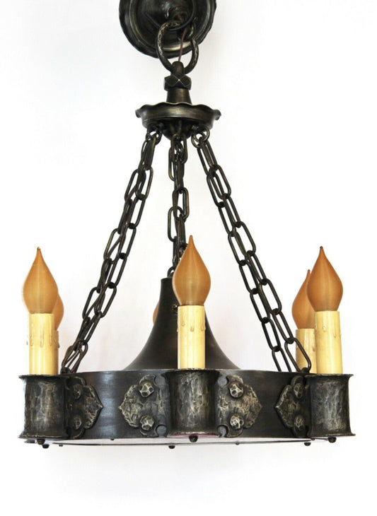 Antique Wrought Iron w/Mica Gothic Chandelier French Candelabra Light