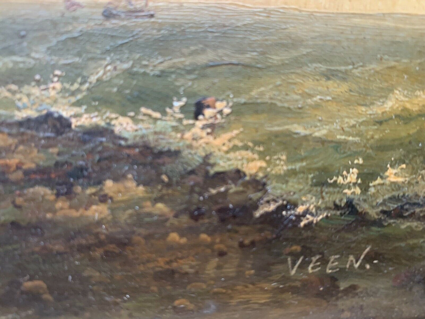 Late 19th C Antique French Oil Seascape Sailboat Painting Gilt Frame Veen