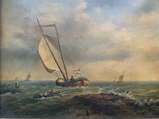 Late 19th C Antique French Oil Seascape Sailboat Painting Gilt Frame Veen