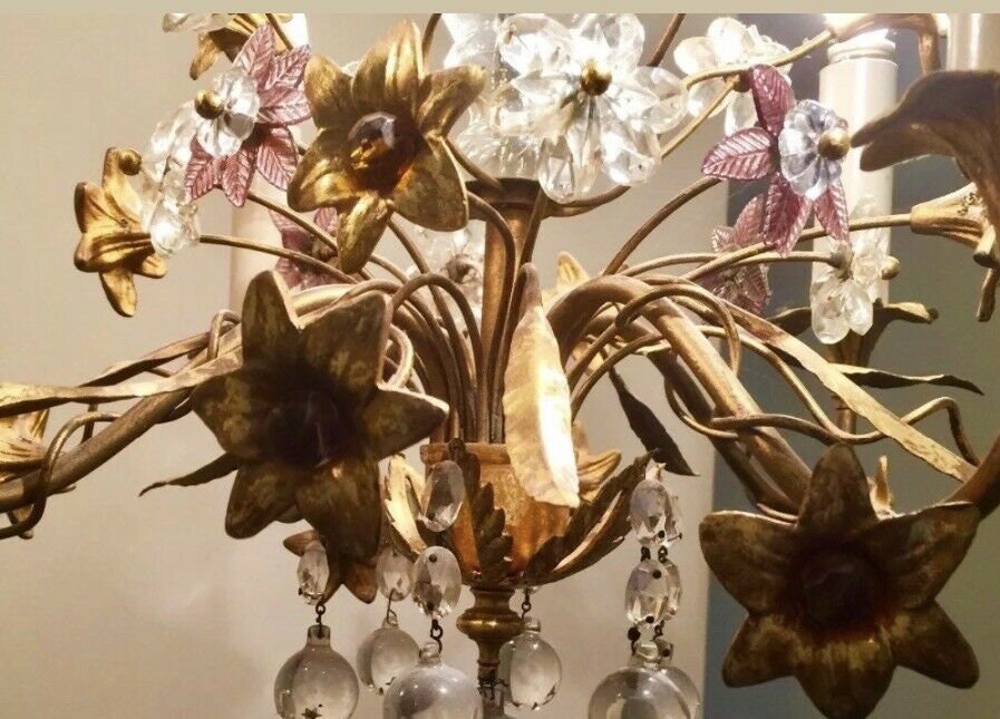 Maison Bagues Antique Rare Bronze Flowers Crystal Chandelier Gorgeous
