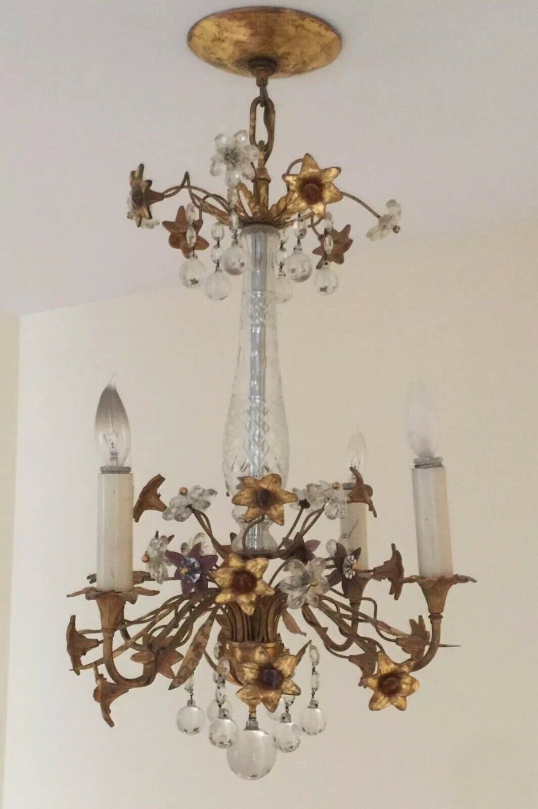Maison Bagues Antique Rare Bronze Flowers Crystal Chandelier Gorgeous
