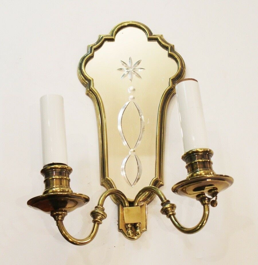 Pair Antique French Brass Etched Mirror Wall Sconces