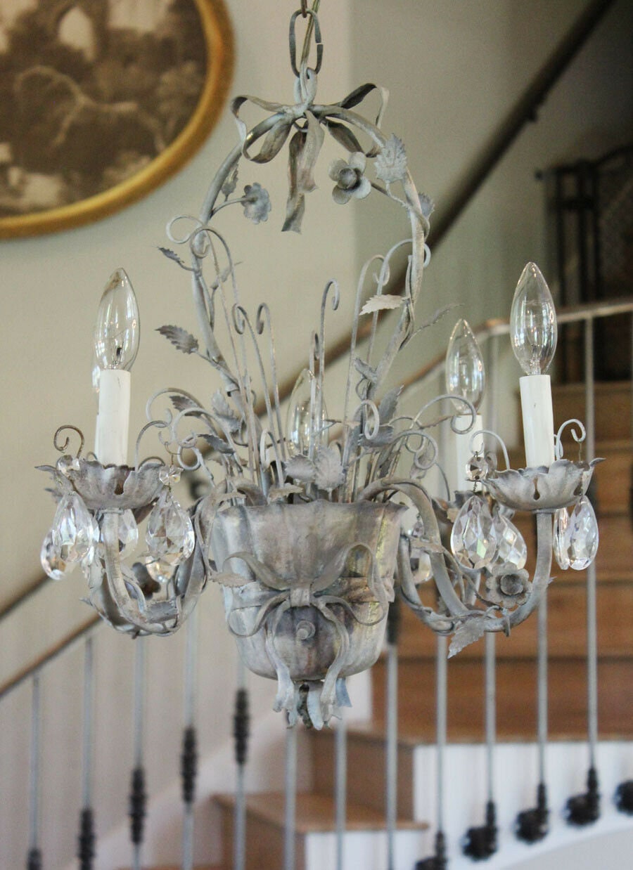Rare Antique Italian Tole Flower Basket Silver Gilt Chandelier