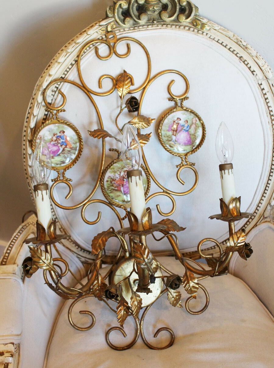 Pair Antique Made in Italy Porcelain Cameo Romance Scenes Wall Sconces
